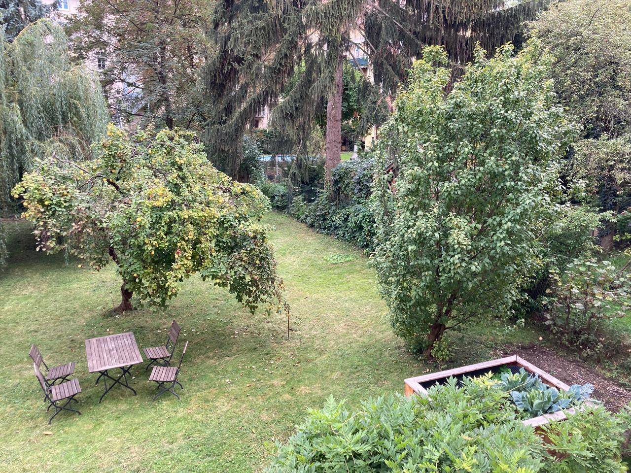 Weitläufiger Gartenbereich mit altem Baumbestand, Rasen und einem Hochbeet für den Anbau.