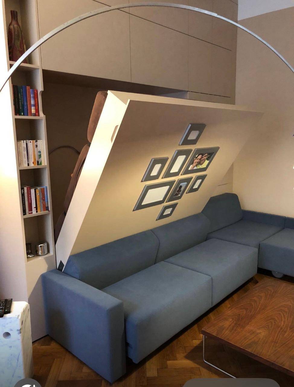Wohnzimmer mit integriertem Schrankbett und Sofa, bietet flexible Raumnutzung.