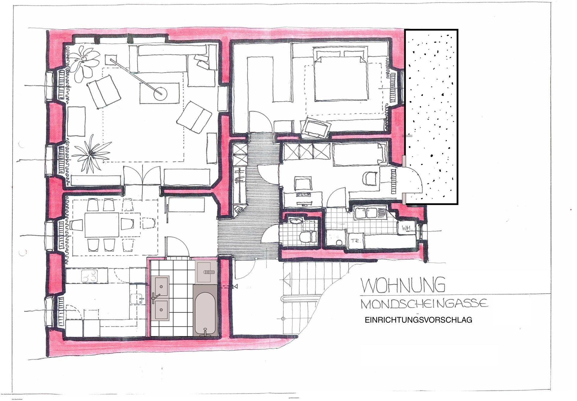 Grundriss einer Wohnung mit offenem Wohnbereich, Schlafzimmer, Bad und Balkon.