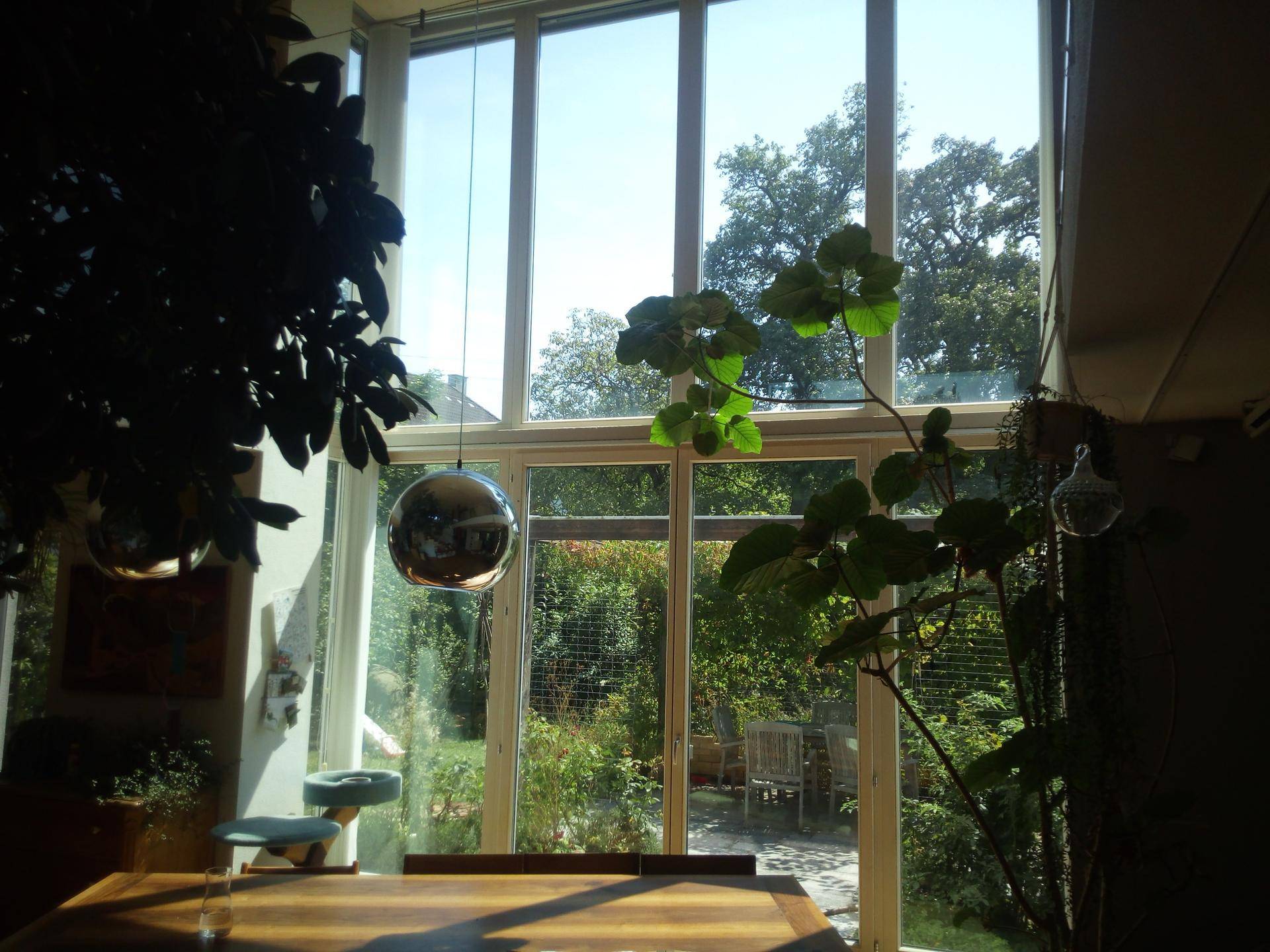 Heller Essbereich mit großem Holztisch und bodentiefen Fenstern mit Blick in den Garten.