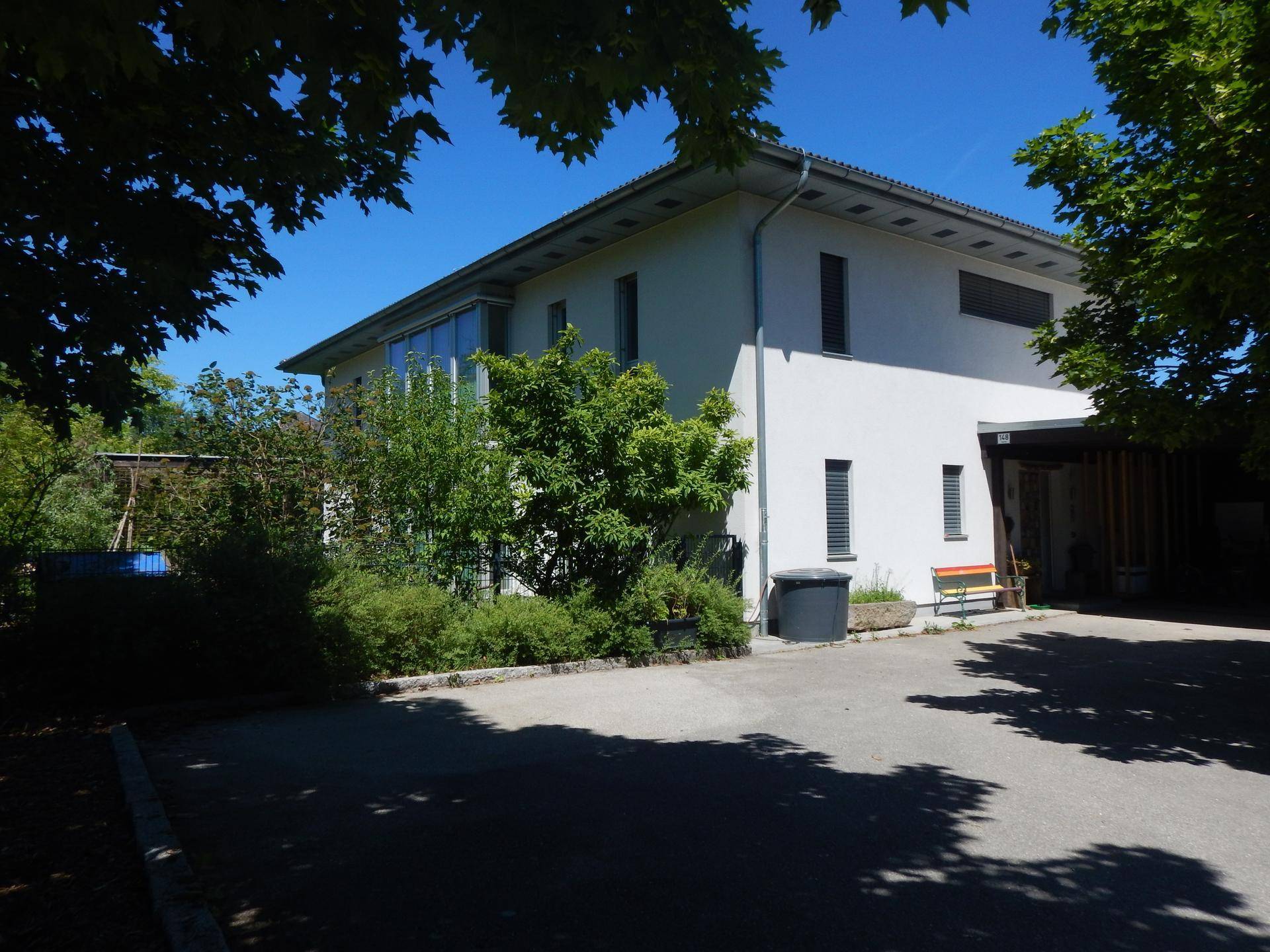 Seitliche Ansicht des Hauses mit großem Vorplatz und umgebender grüner Bepflanzung.