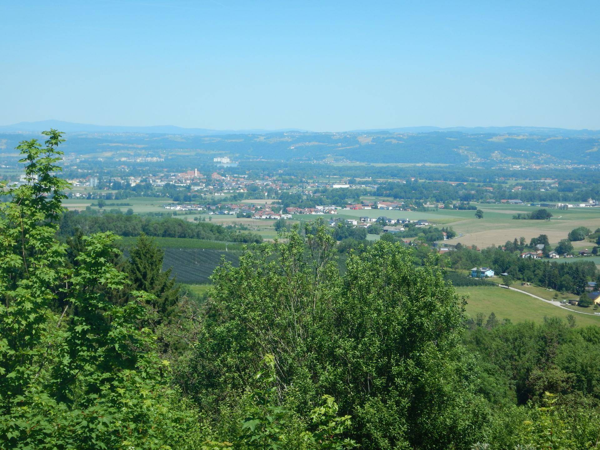 Weitläufiger Panoramablick über eine grüne Landschaft mit einer Stadt in der Ferne.