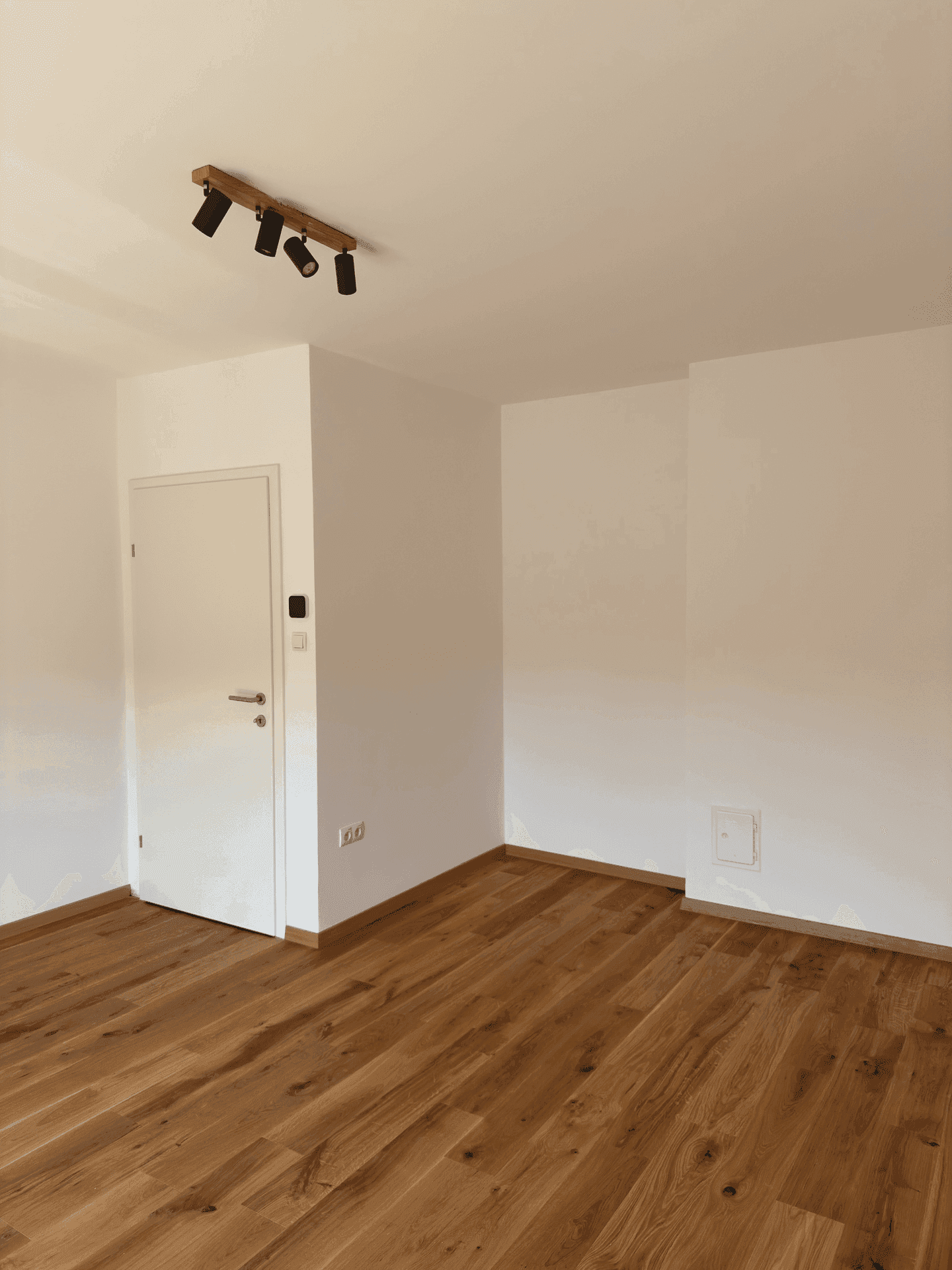 Heller Raum mit Holzboden und weiß gestrichenen Wänden, ausgestattet mit einer modernen Deckenleuchte.