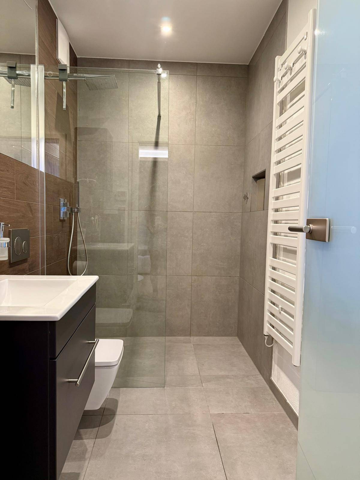 Modernes Badezimmer mit begehbarer Dusche, Wand-WC und weißem Handtuchheizkörper.