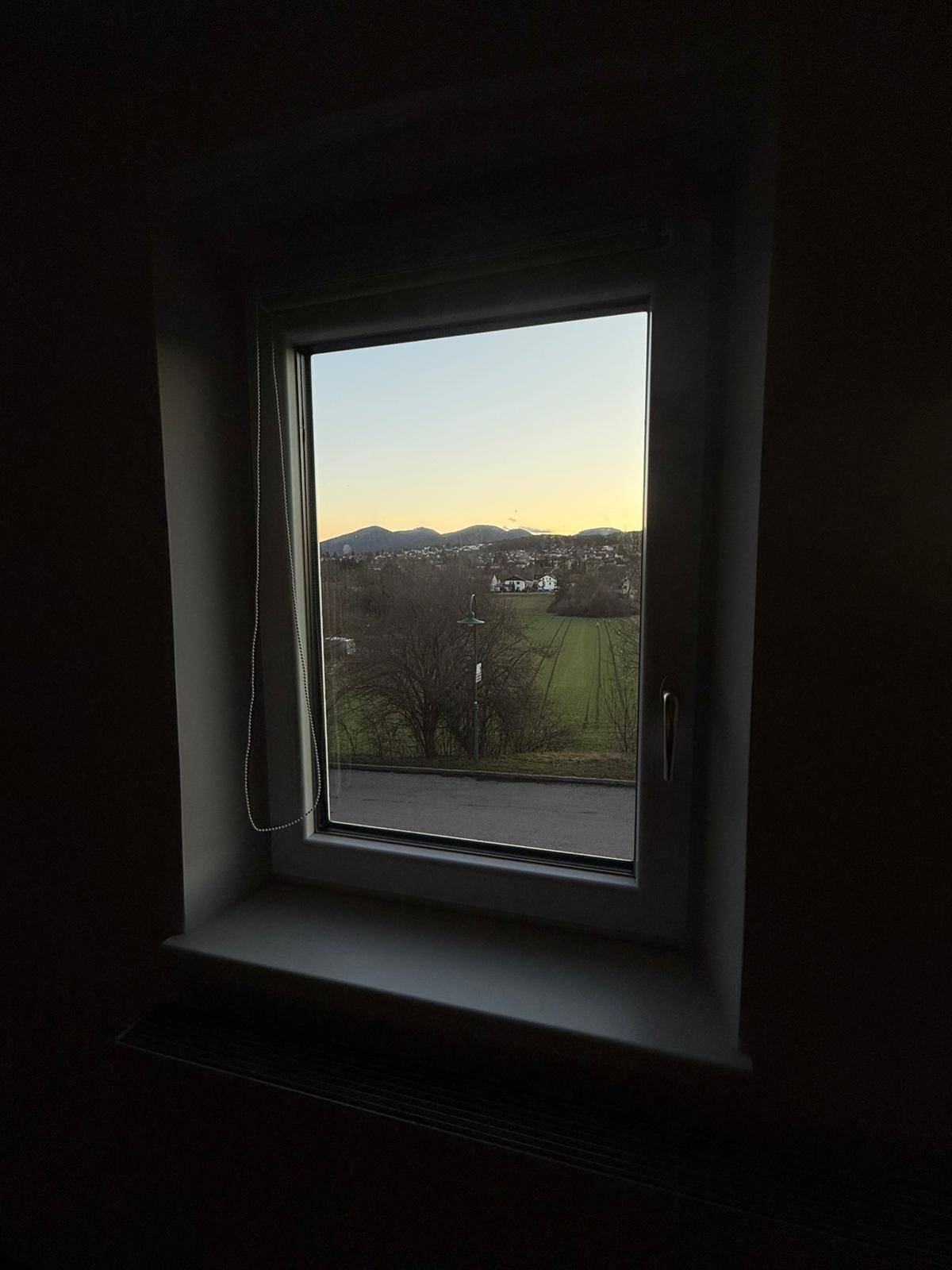 Fensterblick auf eine weite Landschaft mit grünen Feldern und fernen Bergen.