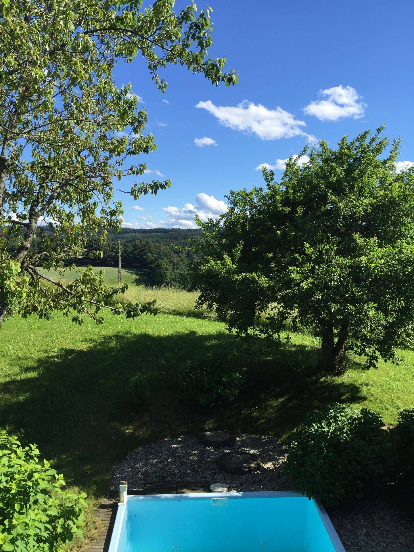 Panoramablick über die grüne Landschaft vom Garten aus, mit einem kleinen Pool im Vordergrund.