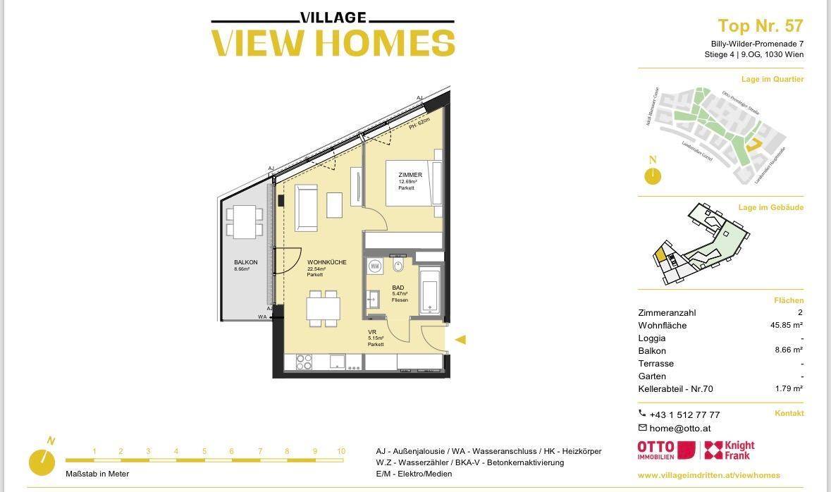 Grundriss einer modernen Wohnung im 9. Obergeschoss mit offener Wohnküche, einem Schlafzimmer und Balkon.