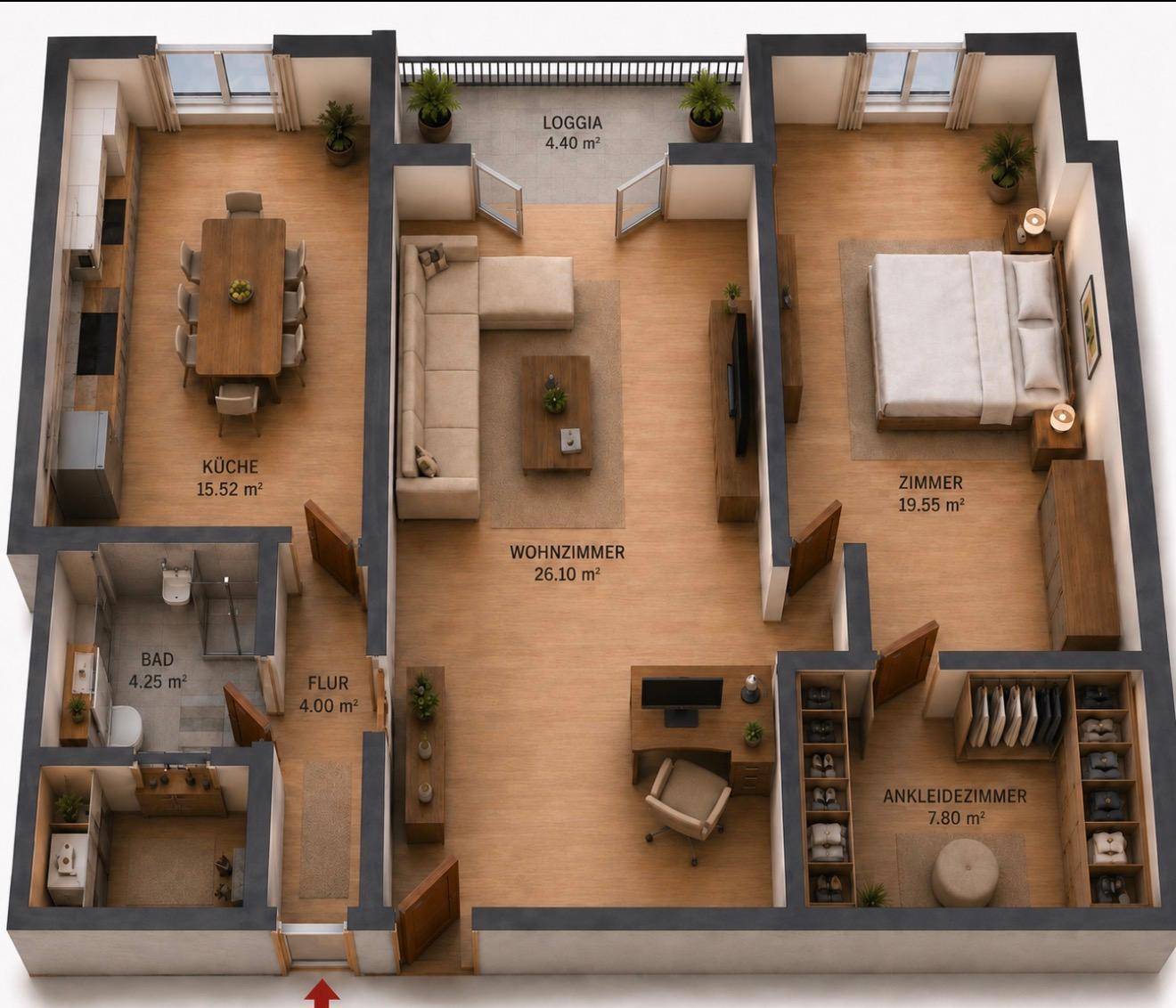 Detaillierter 3D-Grundriss einer modernen Wohnung mit offener Küche, Wohnzimmer, Schlafzimmer und Loggia.