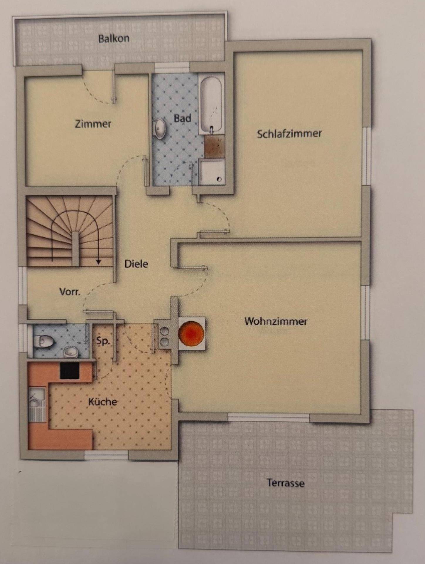 Grundriss des Obergeschosses mit Küche, Wohnzimmer, Schlafzimmer, Bad, Balkon und Terrasse.
