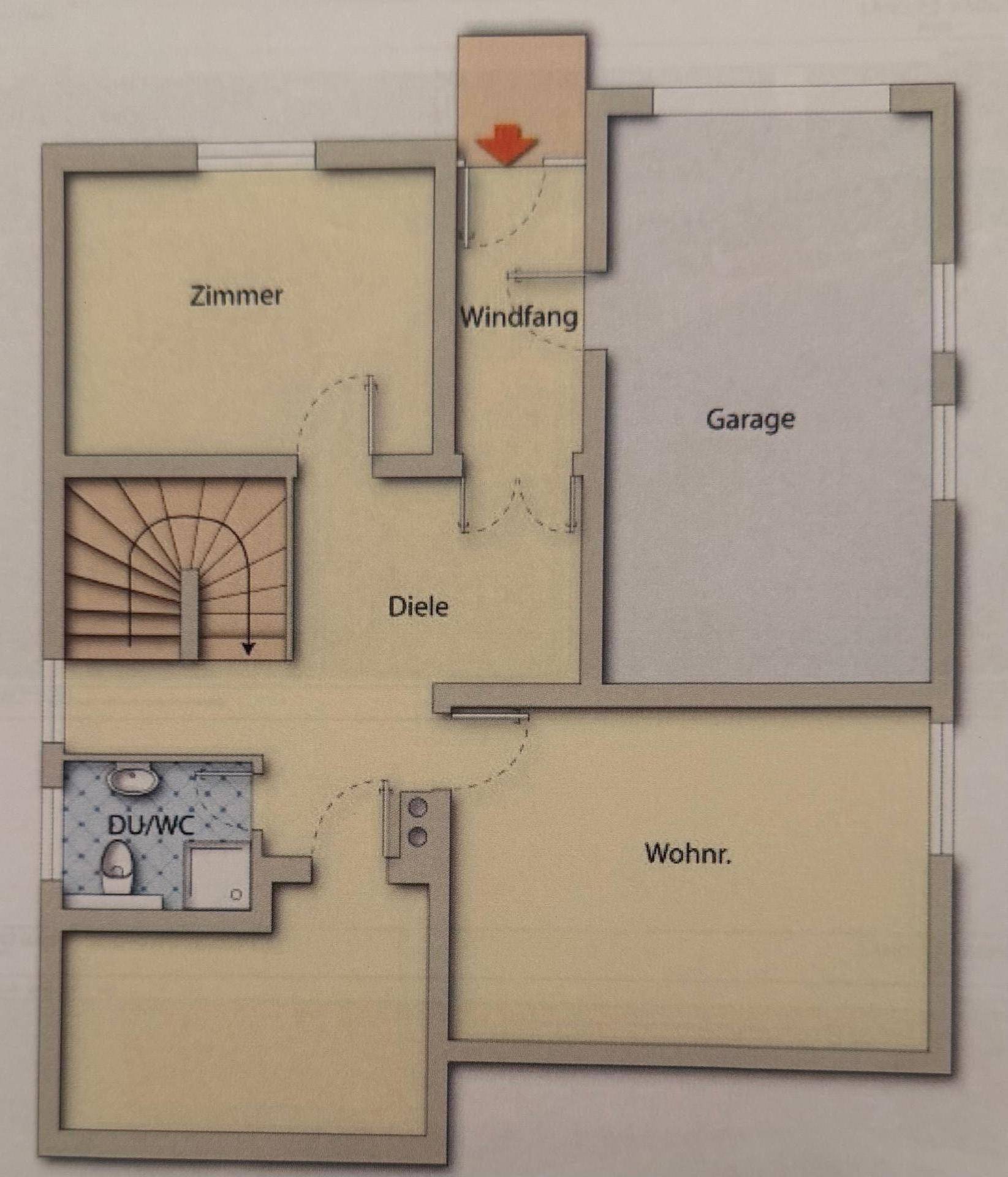 Grundriss des Erdgeschosses mit Eingangsbereich, Garage, Gäste-WC und einem weiteren Zimmer.