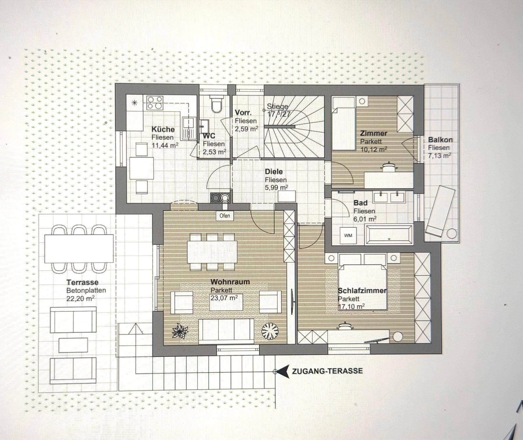 Grundriss des Obergeschosses mit Wohnraum, Küche, Schlafzimmer, Bad, Terrasse und Balkon.