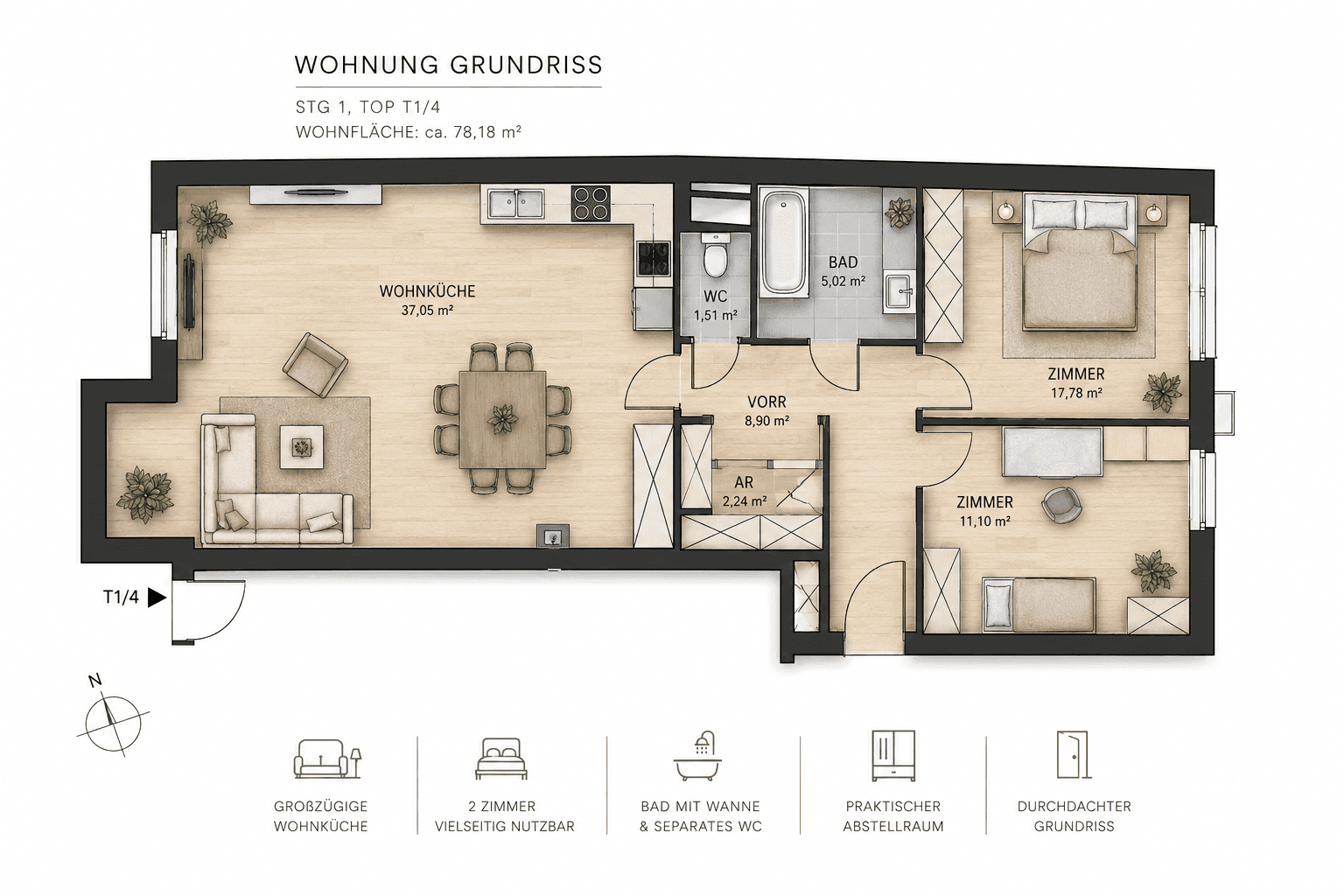 Detaillierter Grundriss einer Wohnung mit offener Wohnküche, zwei Schlafzimmern und Bad.