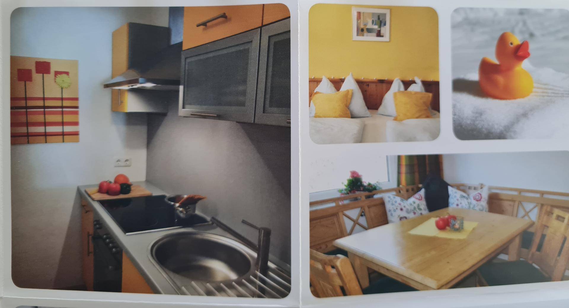Collage mit verschiedenen Innenansichten, darunter eine Küche, ein Schlafzimmer und ein Essbereich.