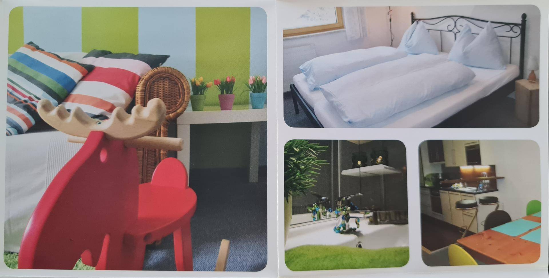 Verschiedene Innenansichten, darunter ein Kinderzimmer, ein Schlafzimmer und ein bunter Essbereich.