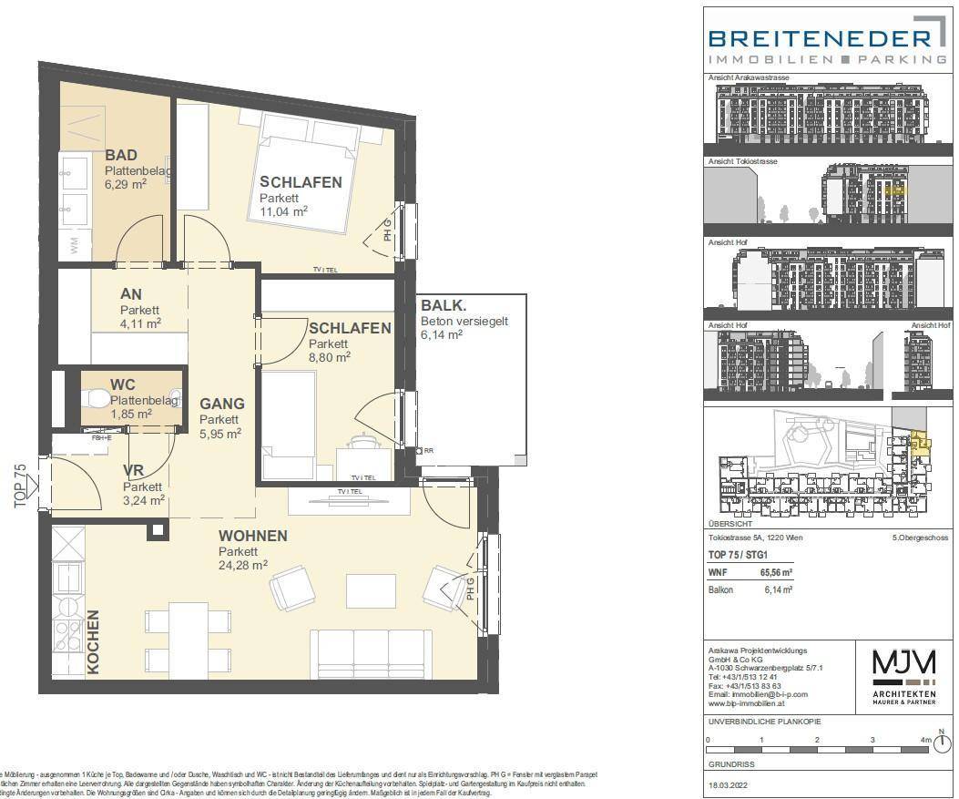 Detaillierter Grundriss einer Wohnung mit offenem Wohnbereich, zwei Schlafzimmern und Balkon.
