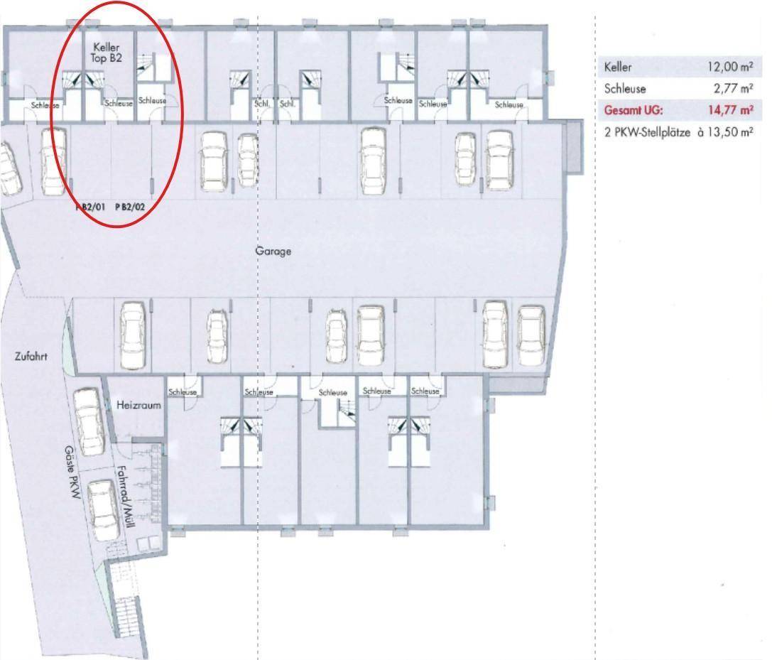 Grundriss des Untergeschosses mit Tiefgaragenstellplätzen und Kellerabteilen.