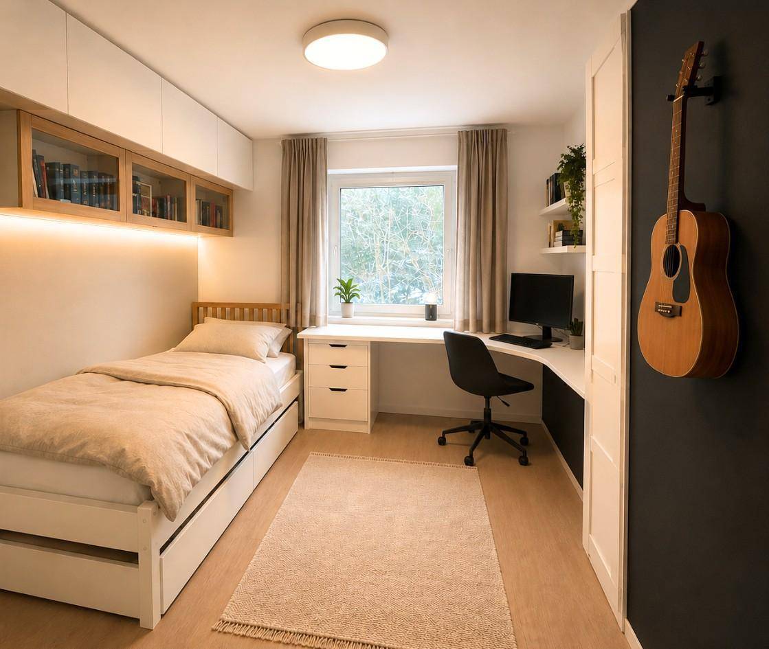 Helles Kinder- oder Gästezimmer mit Einzelbett, Schreibtisch und einer Gitarre an der Wand.