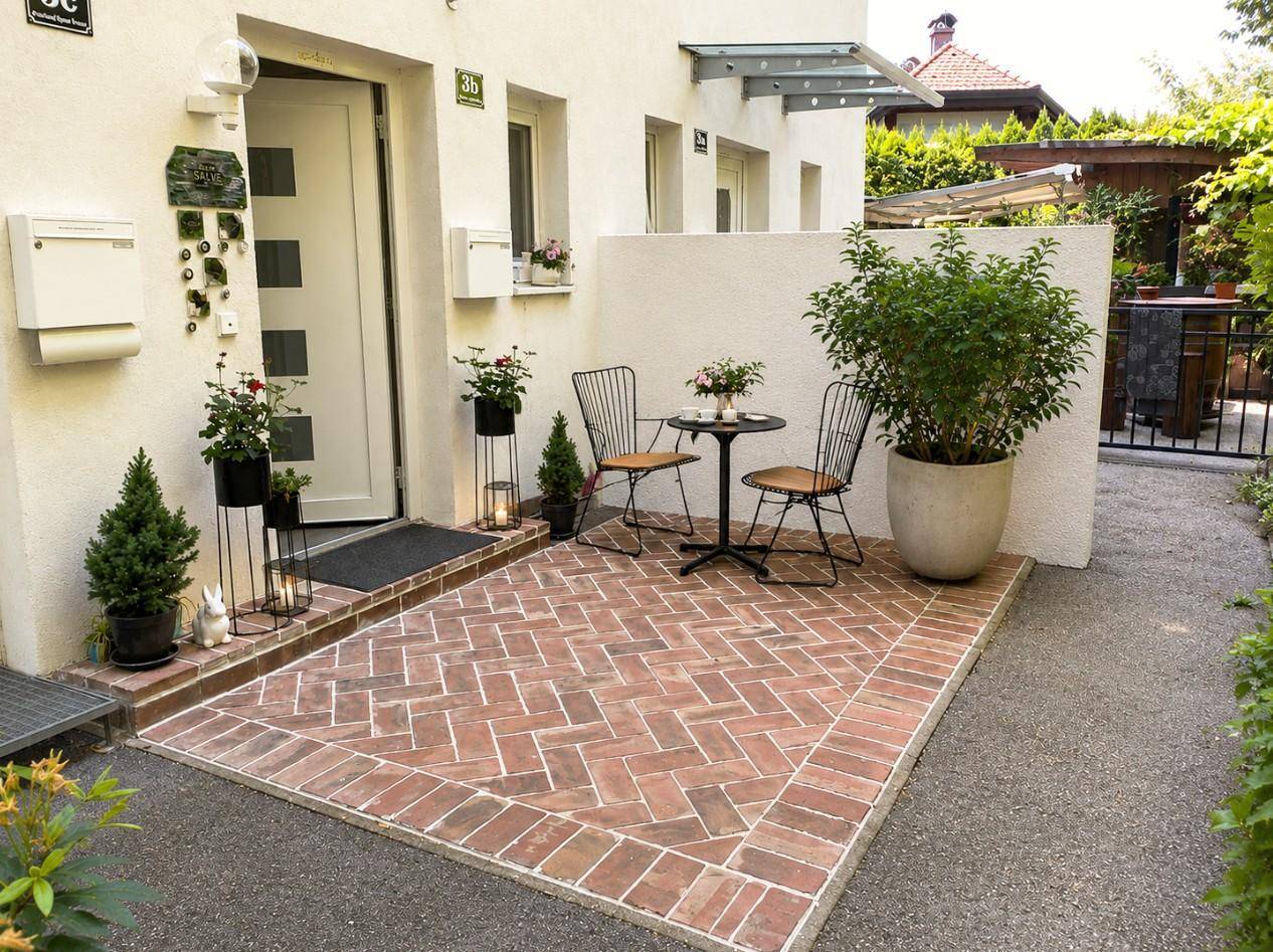 Einladender Eingangsbereich mit gemusterter Ziegelterrasse und kleiner Sitzgelegenheit im Freien.