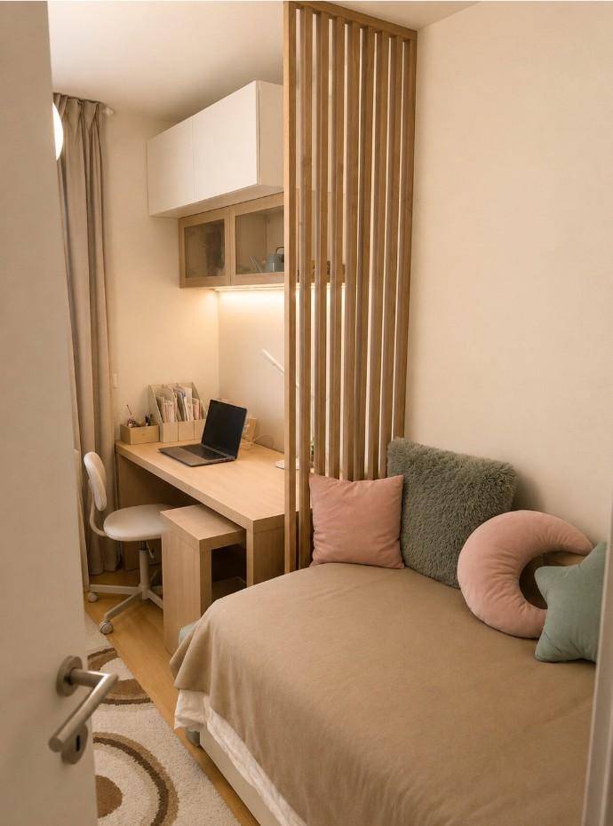Kompaktes Schlafzimmer mit Einzelbett, Schreibtisch und einem dekorativen Raumteiler aus Holzlamellen.