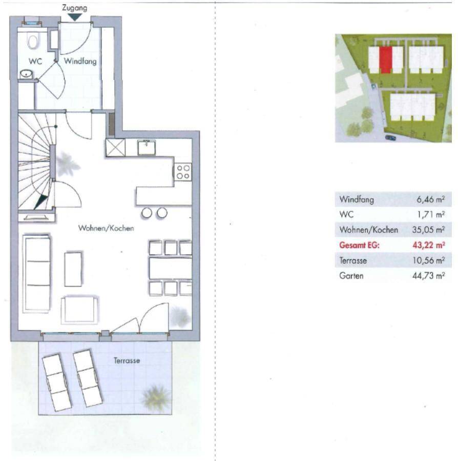 Grundriss des Erdgeschosses mit offenem Wohn-/Kochbereich, WC und Terrasse.