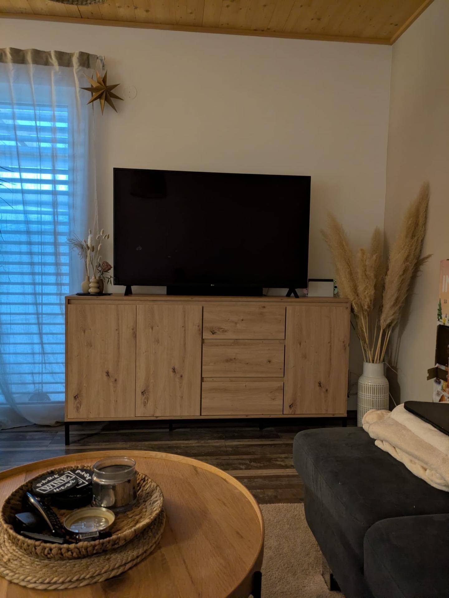 Wohnzimmer mit modernem Sideboard, großem Fernseher und dekorativen Gräsern.