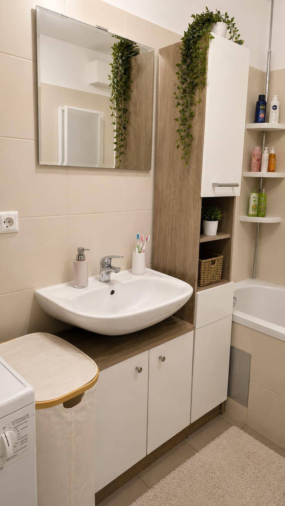 Modernes Badezimmer mit hellem Fliesenboden, Einzelwaschbecken und Badewanne.