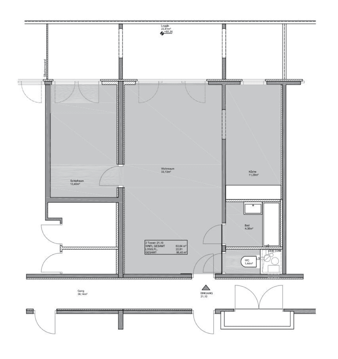 Detaillierter Grundriss einer Wohnung mit Loggia, Schlafzimmer, Wohnraum und separater Küche.