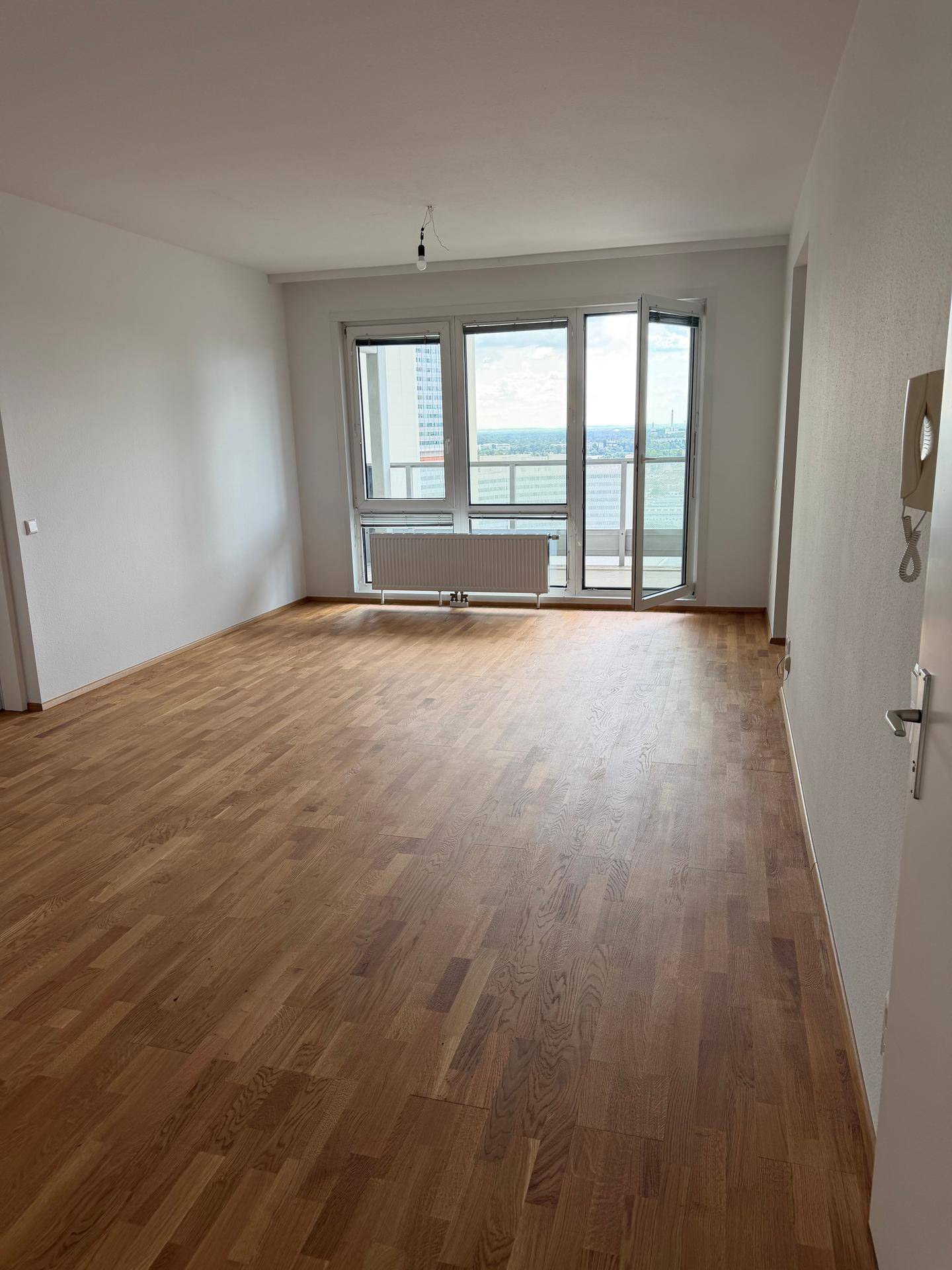 Helles Wohnzimmer mit Eichenparkettboden und Zugang zu einem Balkon mit weitem Stadtblick.