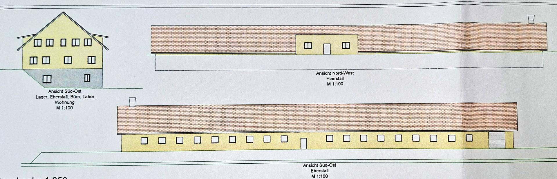 Architektonische Zeichnungen, die die Außenansichten eines Gebäudes von Süd-Ost und Nord-West zeigen.