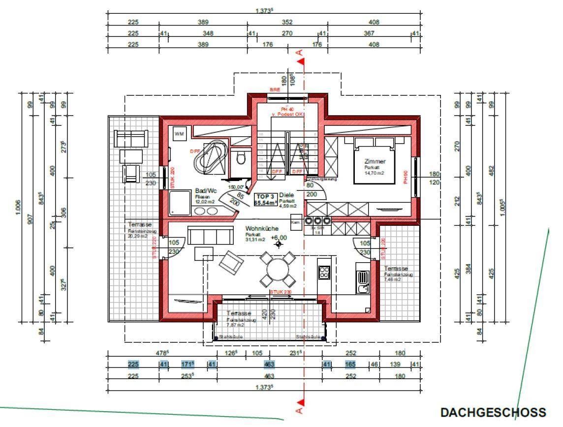 Grundriss des Dachgeschosses mit Schlafzimmer, Bad und großer Terrasse.