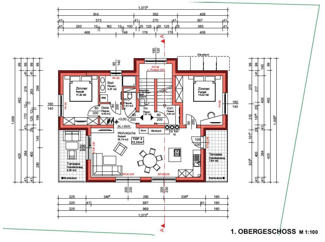 Grundriss des Obergeschosses mit zwei Schlafzimmern und offenem Wohnbereich.