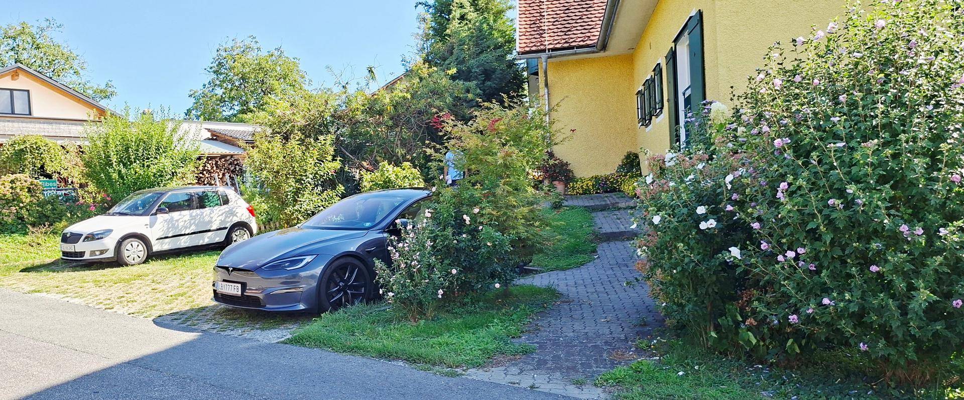 Einfahrt mit geparkten Autos und blühenden Büschen vor dem Haus.