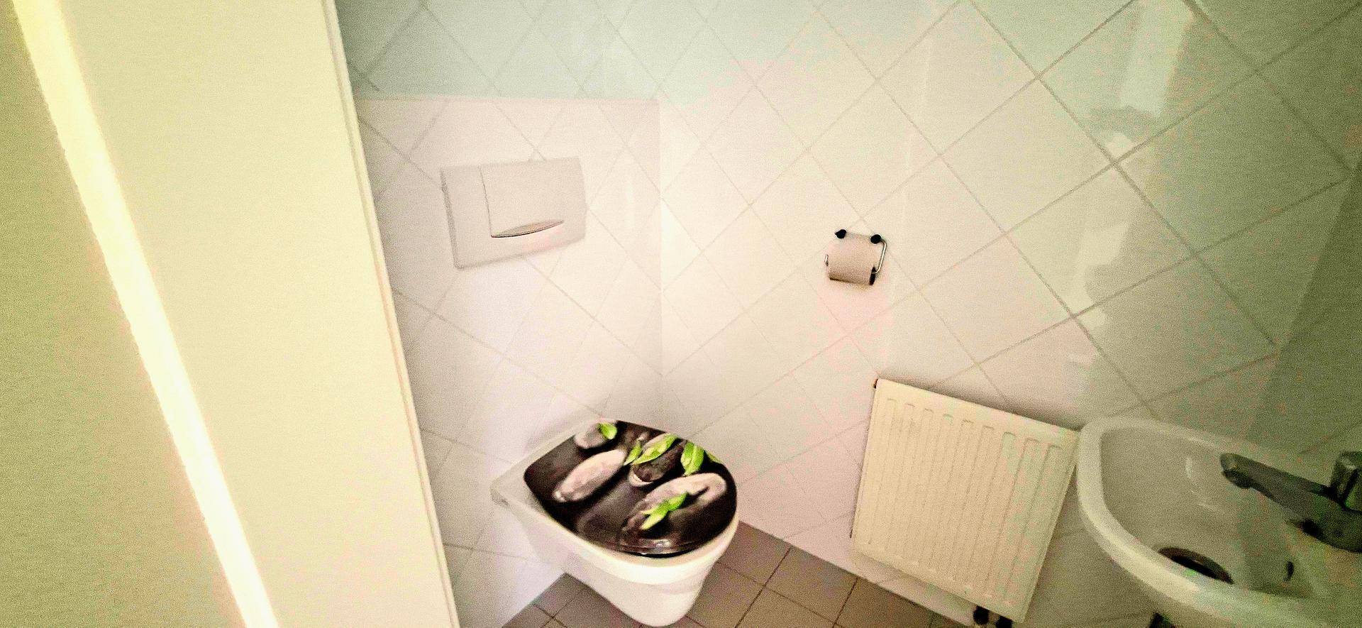 Kleines Gäste-WC mit Toilette, kleinem Waschbecken und Heizkörper.