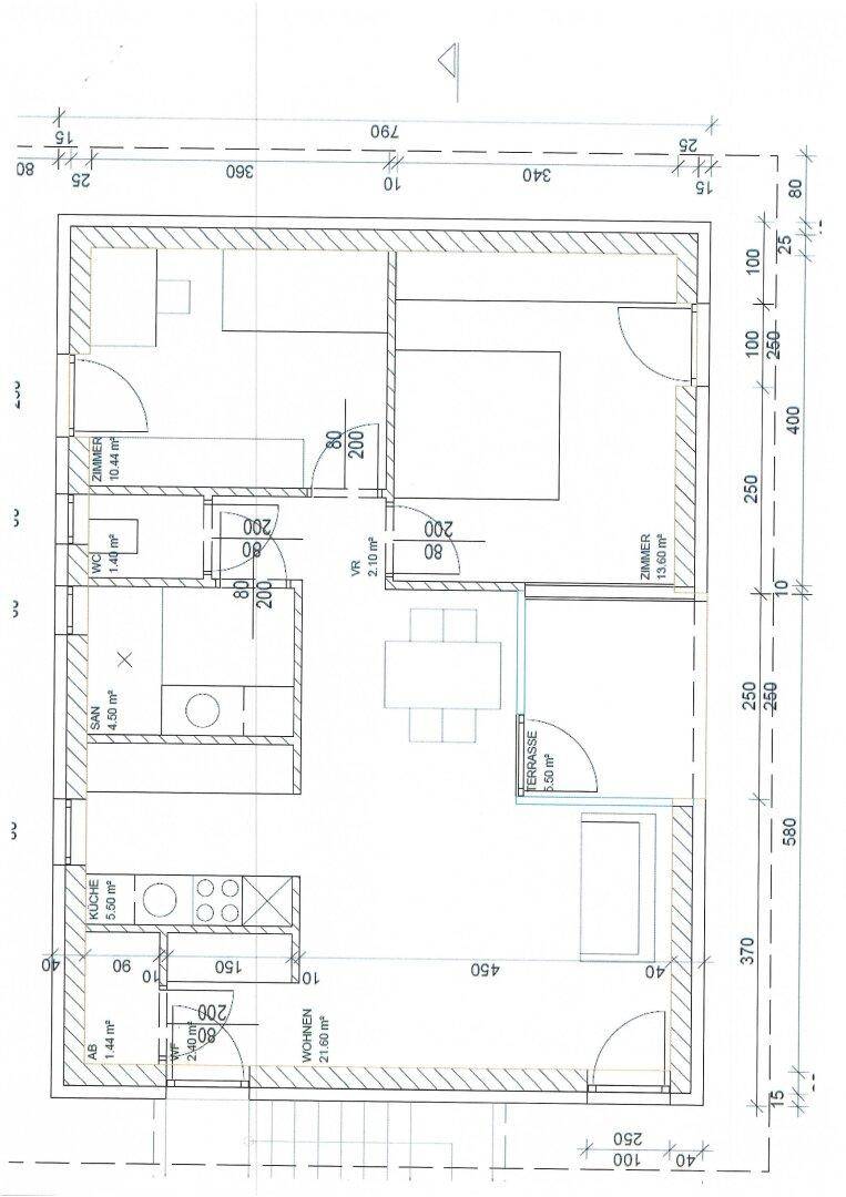 Grundriss der Wohnung mit Wohnzimmer, Küche, Schlafzimmern und Terrasse.