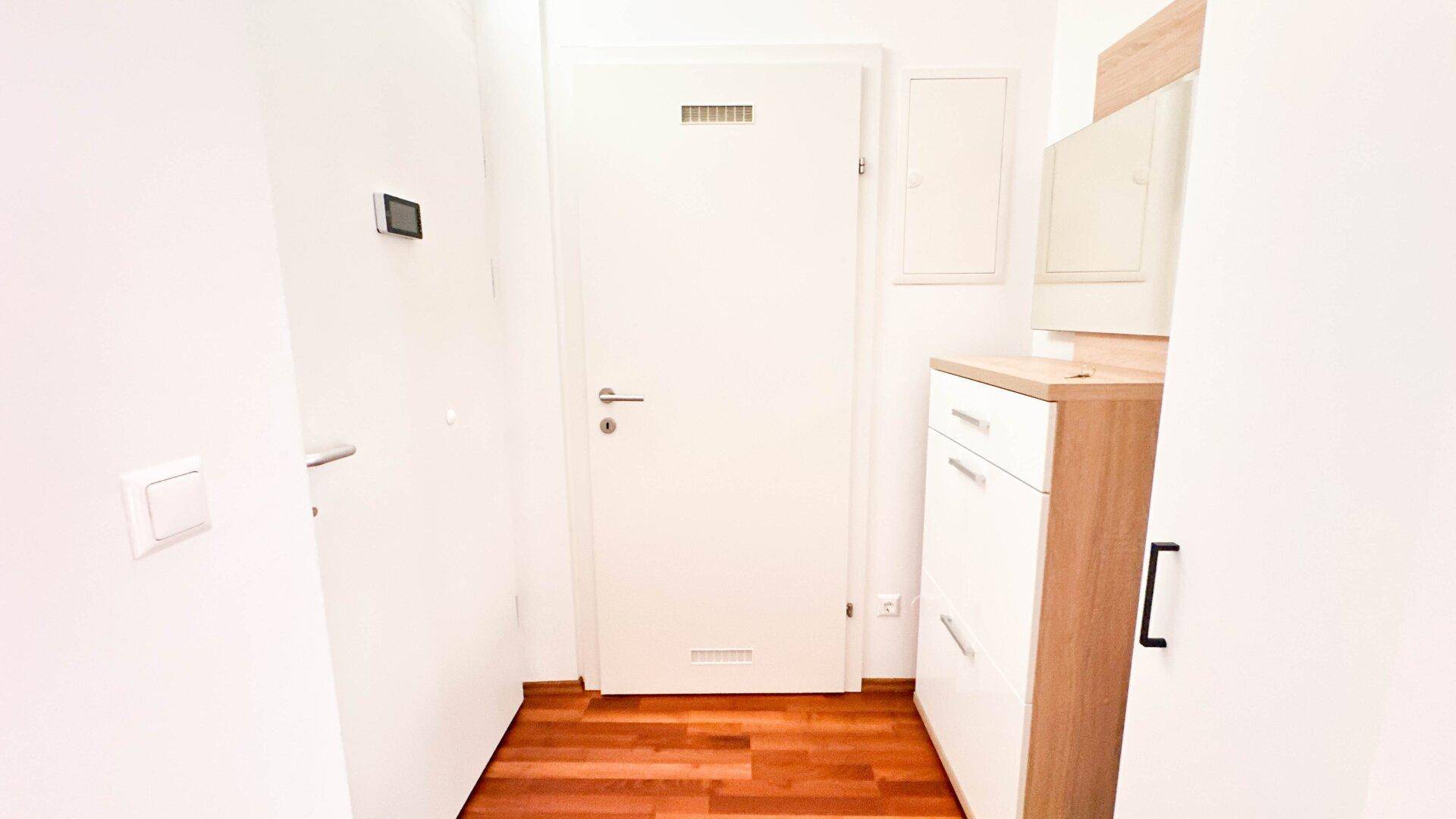 Eingangsbereich mit Holzboden und Garderobenschrank, der zu den Wohnräumen führt.