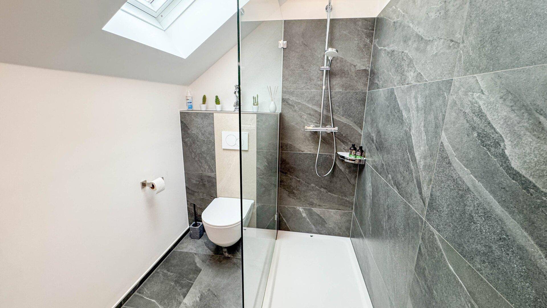 Modernes Badezimmer mit begehbarer Dusche, Wand-WC und Dachfenster.