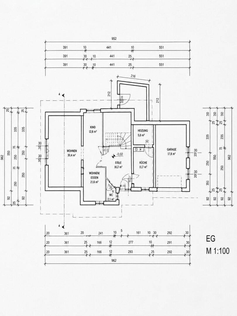Grundriss des Erdgeschosses mit Wohnbereich, Küche und Garage.