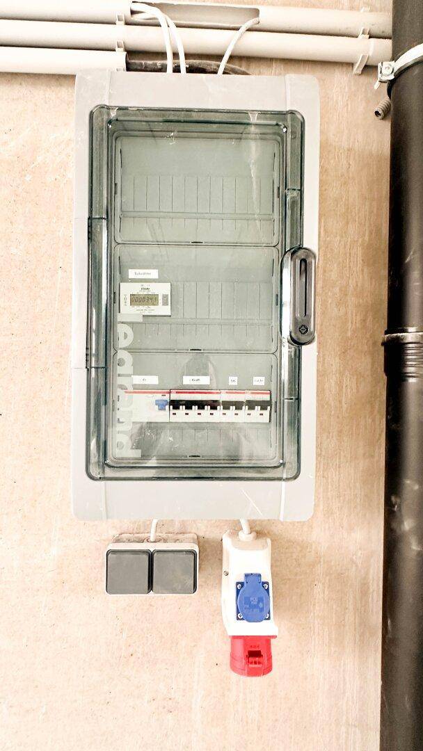 Elektrischer Sicherungskasten und Industriesteckdosen an einer Wand in einem Nutzraum.