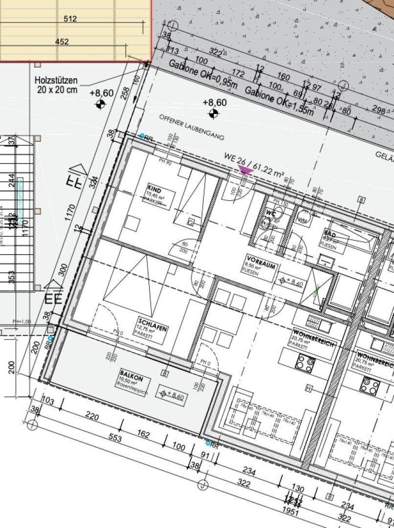 Detaillierter Grundriss einer Wohnung mit Schlafzimmern, Bad und Balkon.