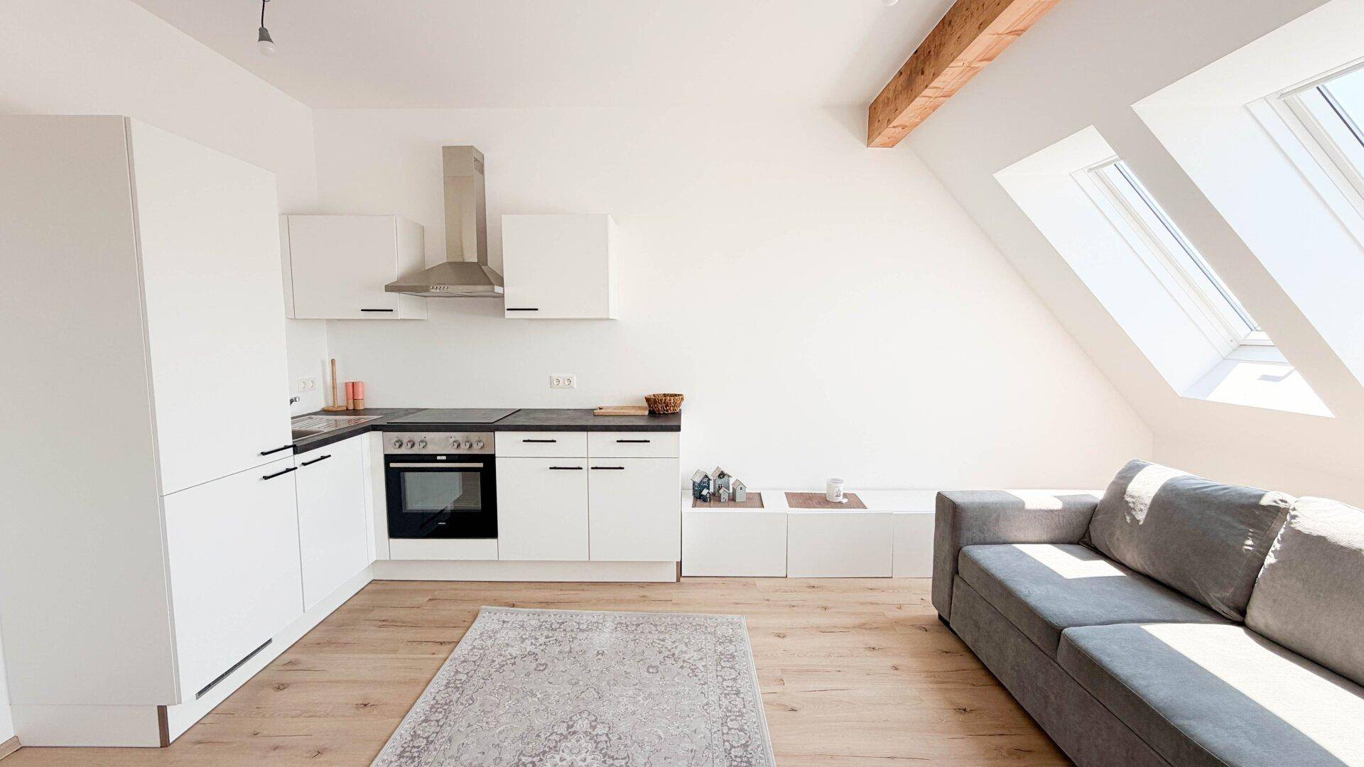 Offener Wohnbereich mit integrierter Küche, Sofa und Dachfenstern für viel Licht.