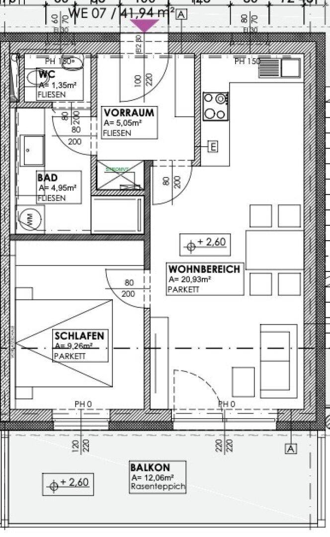 Grundriss einer Wohnung mit Wohnbereich, Schlafzimmer, Bad, WC und Balkon.