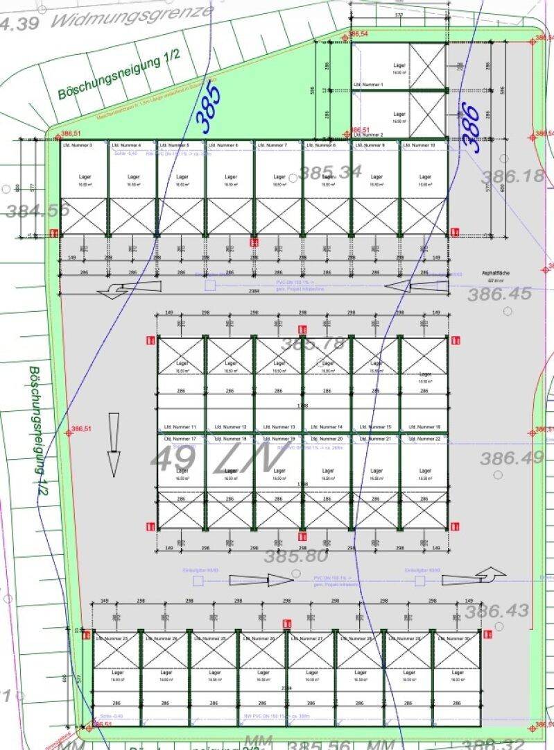 Übersichtsplan einer Lager- und Garagenanlage mit mehreren Einheiten und Zufahrtswegen.