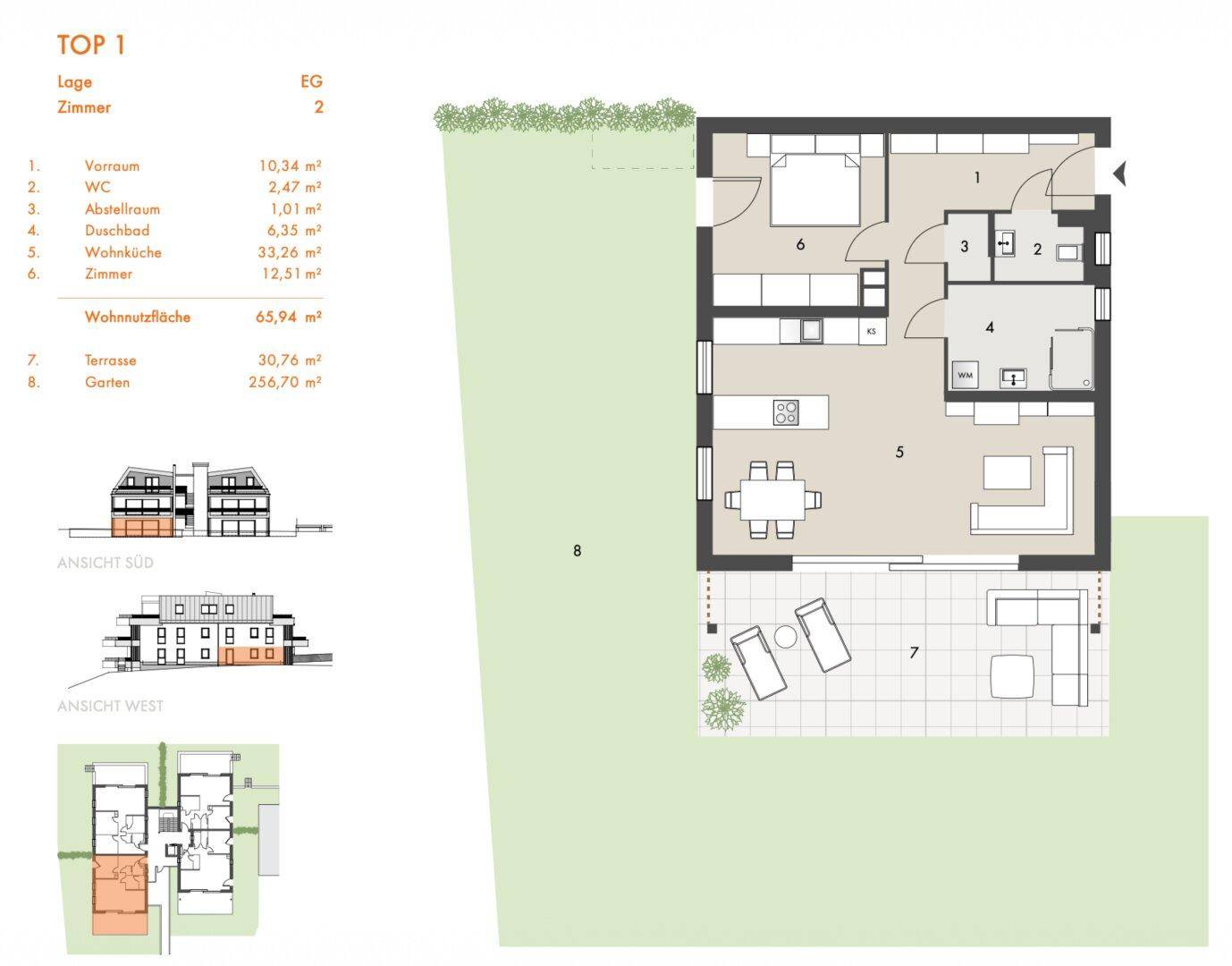 Detaillierter Grundriss der Wohnung TOP 1 mit Terrasse und Gartenbereich.