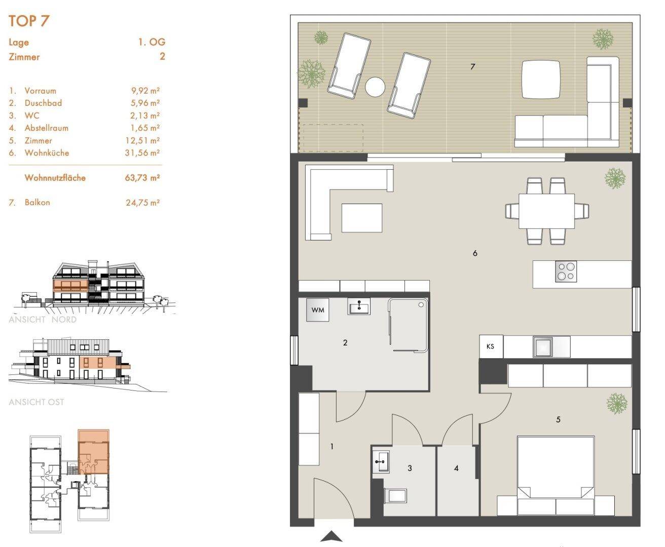 Grundriss einer Wohnung mit offenem Wohnbereich, Schlafzimmer, Bad und großem Balkon.