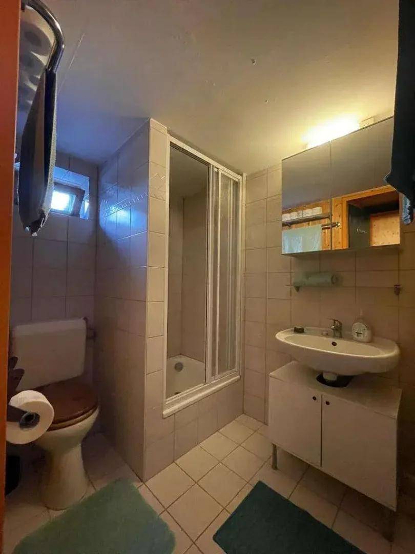 Kleines Badezimmer mit Duschkabine, WC und Waschbecken, gefliest in hellen Farben.