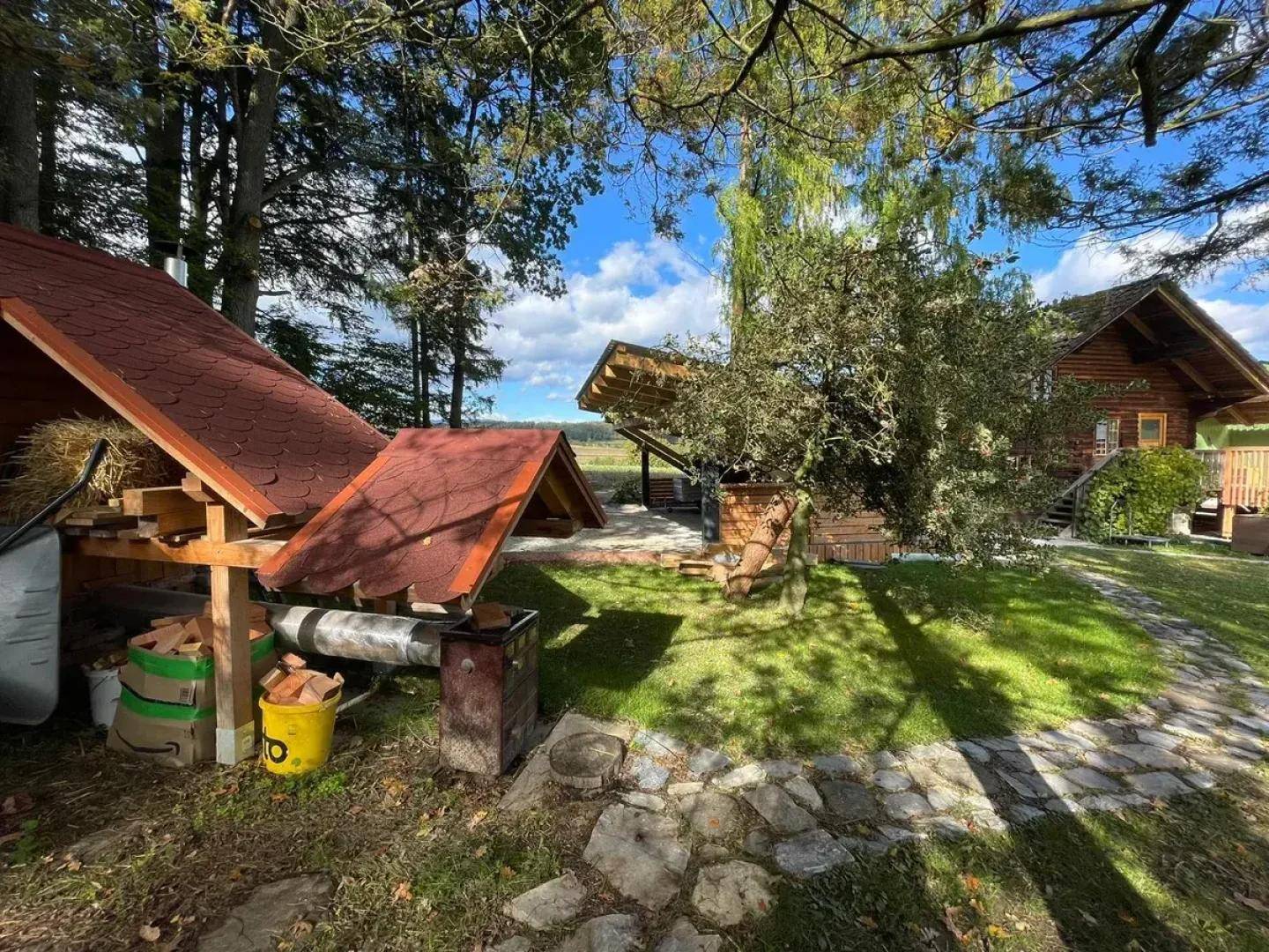 Gartenbereich mit Steinweg, Holzschuppen und Blick auf das Blockhaus im Hintergrund.