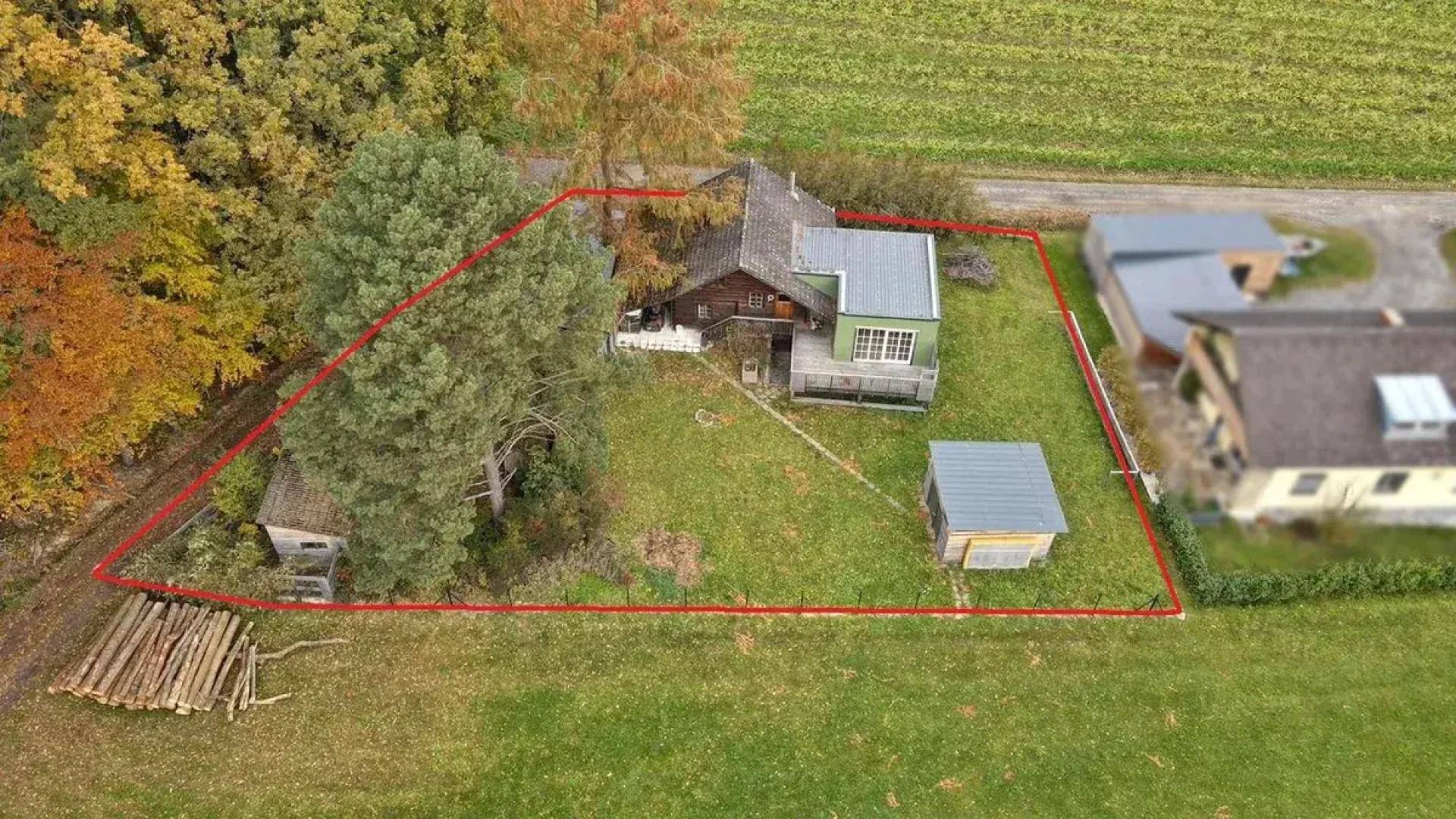 Luftaufnahme des Anwesens mit Blockhaus, Anbau und großem Grundstück umgeben von Natur.