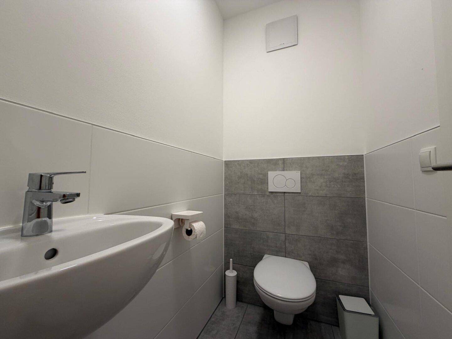 Modernes Gäste-WC mit Wand-WC, Einzelwaschbecken und stilvollen Grau-Weiß-Fliesen.