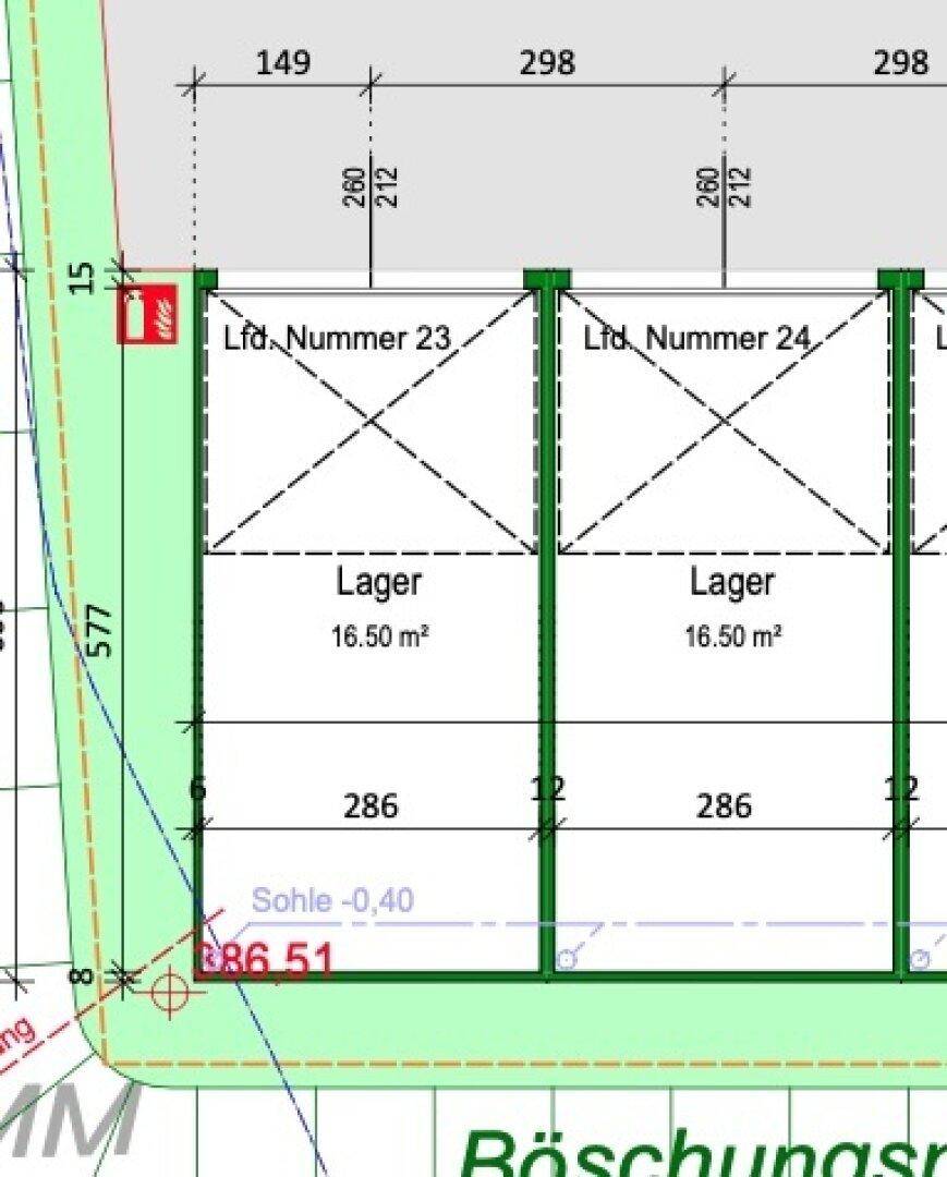 Grundriss zeigt zwei Lagereinheiten mit jeweils 16,50 m² Fläche und Bemaßungen.