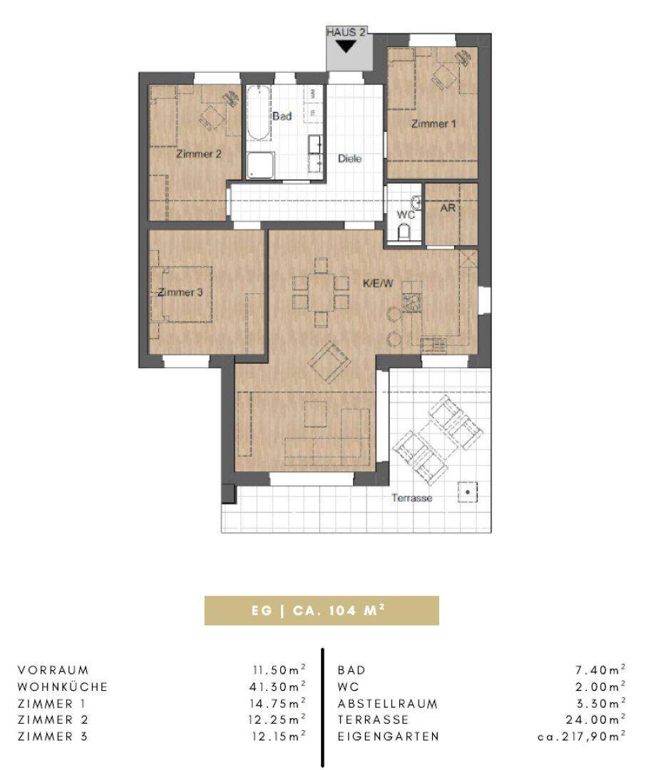 Grundriss des Erdgeschosses mit drei Zimmern, offener Wohnküche und Terrasse.